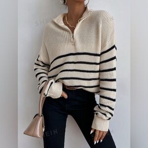 Frenchy Striped Drop Shoulder Zipper Front Sweater - Like New!